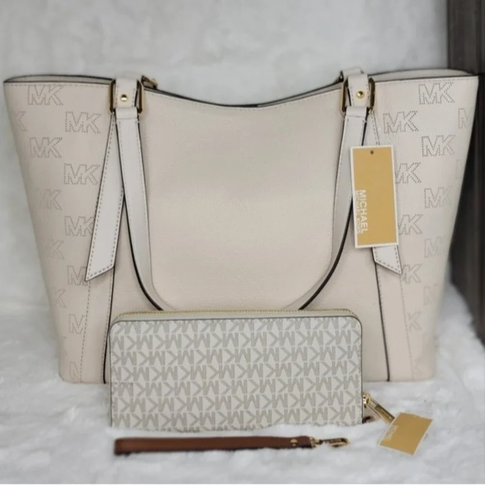 🎀 Michael Kors 3 SET Matching Shoulder Bag Tote Handbag Wallet Charm Pom NWT - Picture 4 of 14